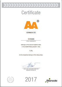 OÜ Cerbos credit rating certifiate 2017