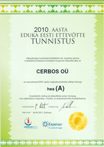 Edukas Eesti ettevõte OÜ Cerbos tunnistus 2010