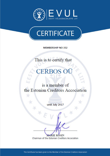 Cerbos OÜ Eesti Võlausaldajate Liidu liige